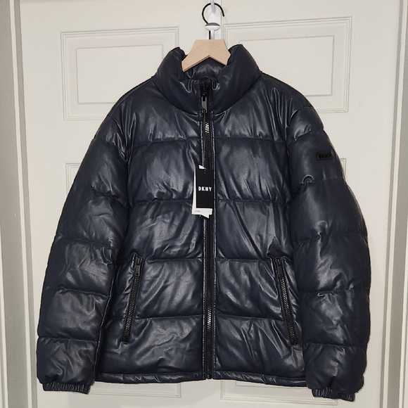 DKNY Navy Blue Faux Leather Quilted Puffer Jacket with Ultra Loft Mens L - Picture 1 of 13
